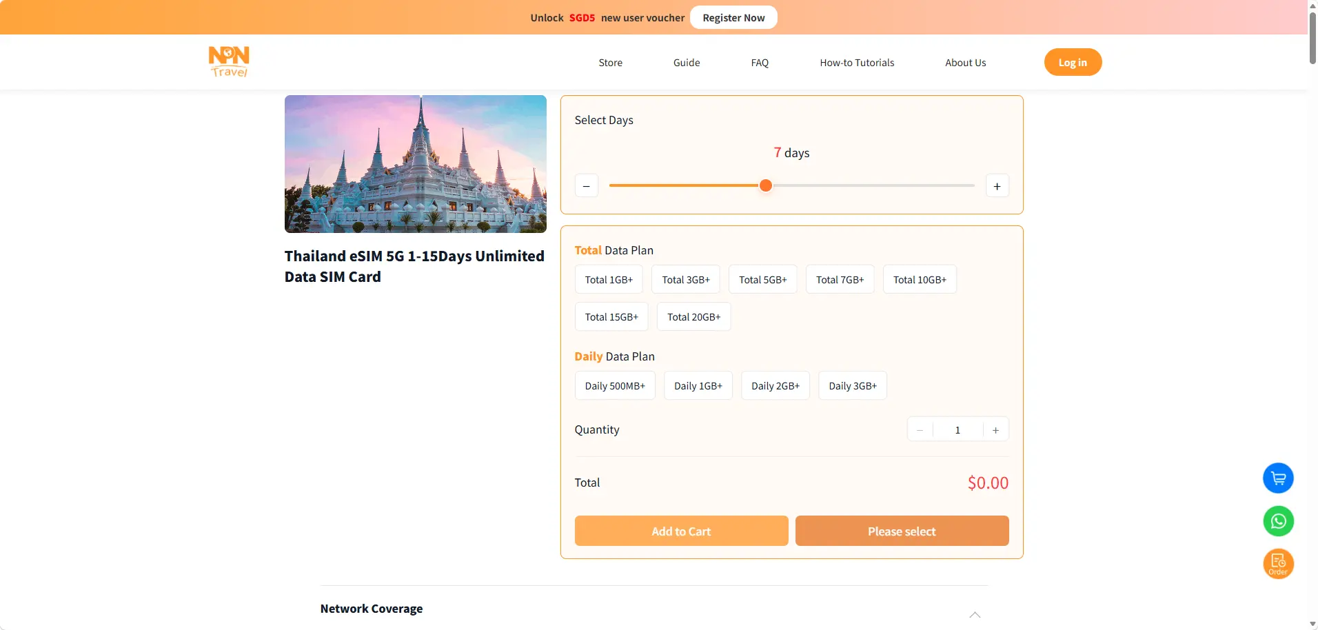 NPN Travel Thailand eSIM plans selection interface